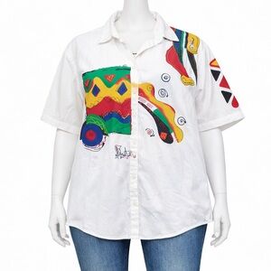 Basler Unisex Graphic Button-Up Shirt – White with Colorful Print